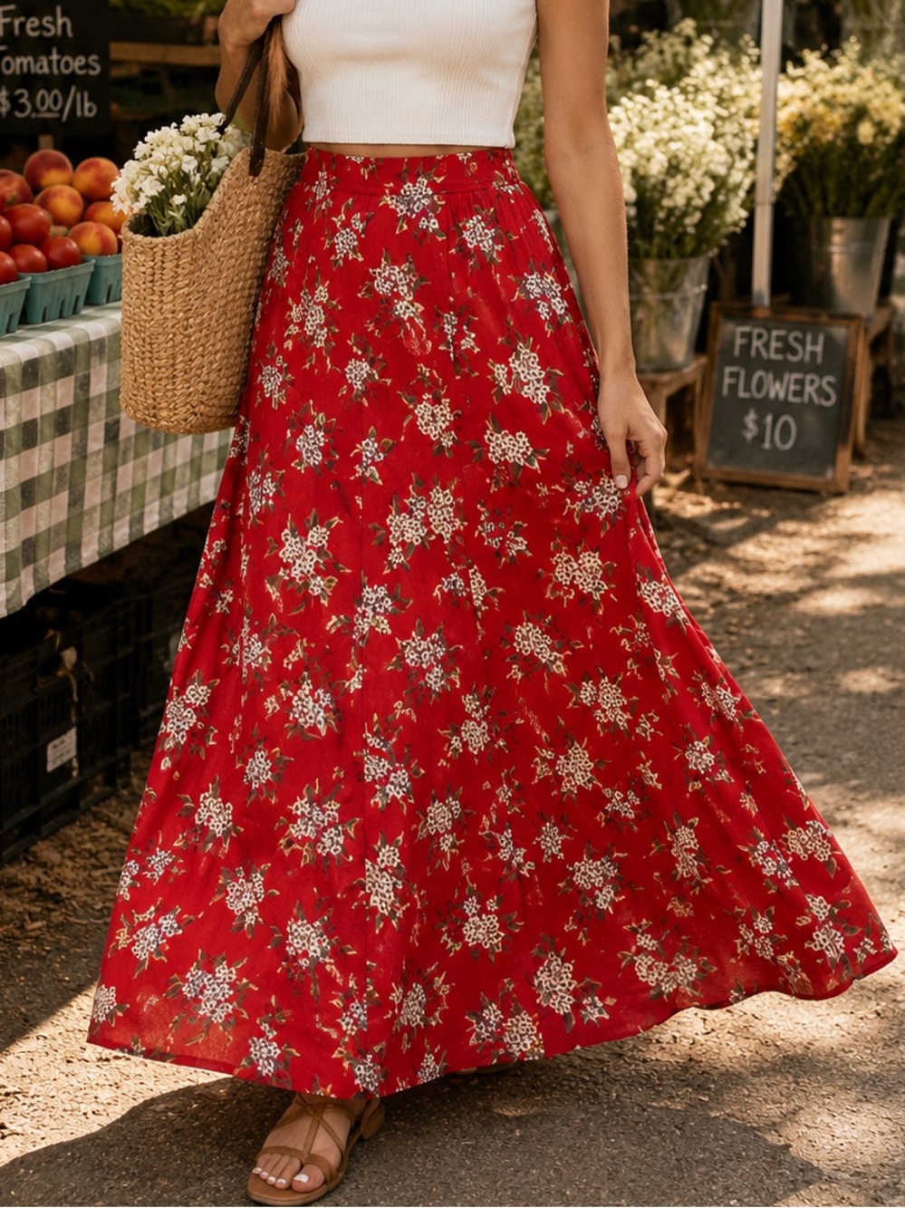 VTG Liz Red Floral Maxi Skirt